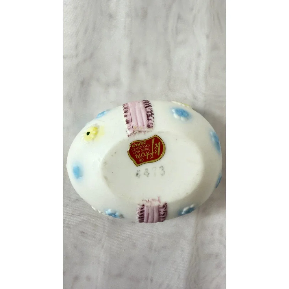 Vintage Lefton Japan Porcelain Egg Trinket Box Pink Ribbon Floral 4473 Matte